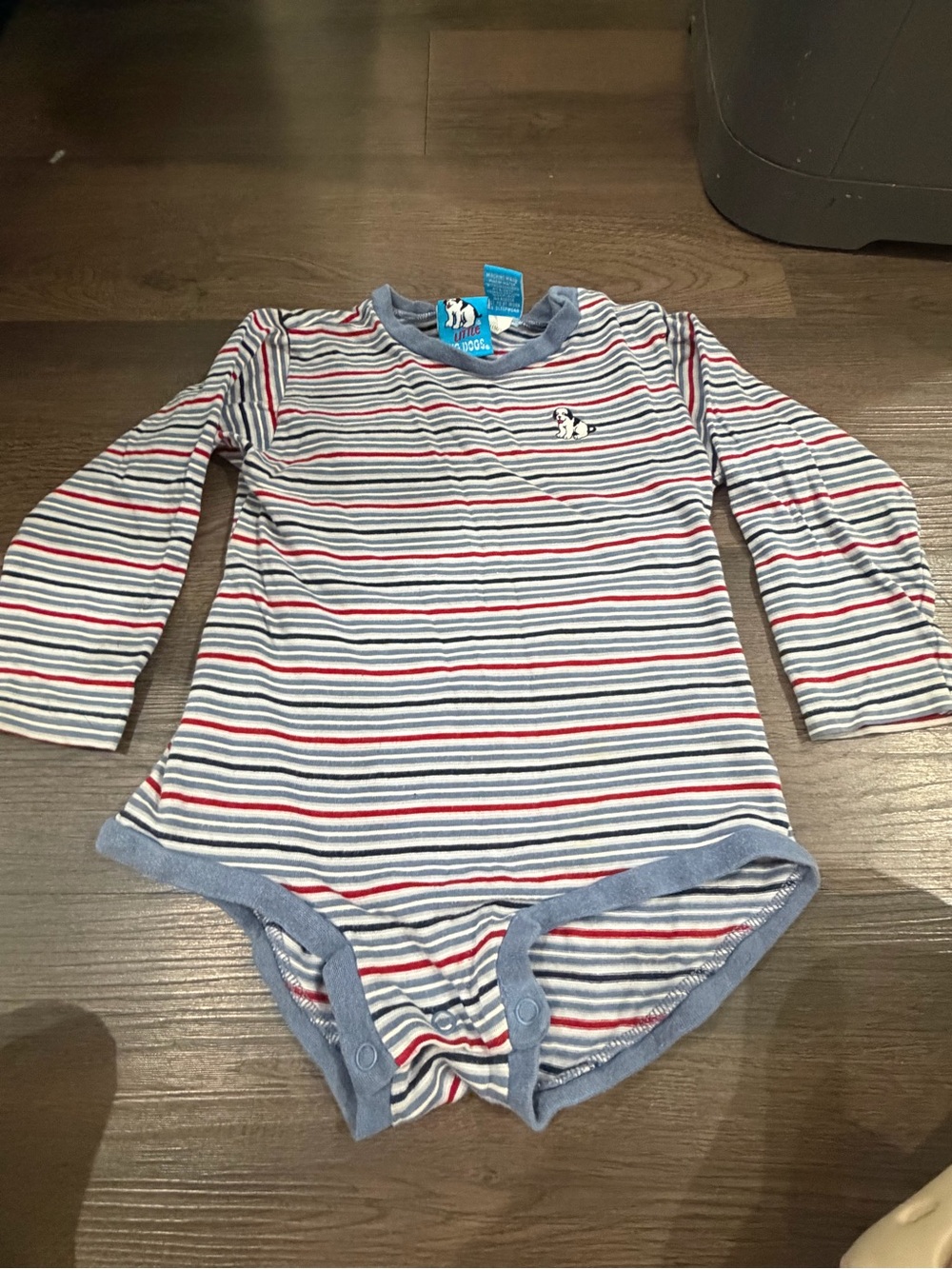 Vintage Y2K 2T/3T Striped Long-Sleeve One-Piece Bodysuit - Blue/Red/White